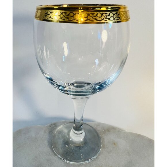 Vintage 50s Lot of 6 Crystal Circleware Classique Wine Glasses Gold Rim Stemware - Picture 2 of 6